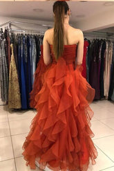 Charming Strapless Ruffle Brick Red Long Prom Dress